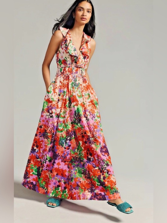 Anthropologie Dresses & Skirts - Anthropologie Maeve Ruffled V-Neck Botanical Floral Maxi Dress Size 10